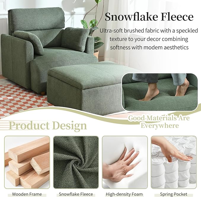 QKFF Modern Oversized Accent Chair with Storage Ottoman & Side Pillows, Snowflake Fleece Upholstered Chaise Lounge Chair, Deep Seat Reading Chair for Living Room, 350lbs Capacity