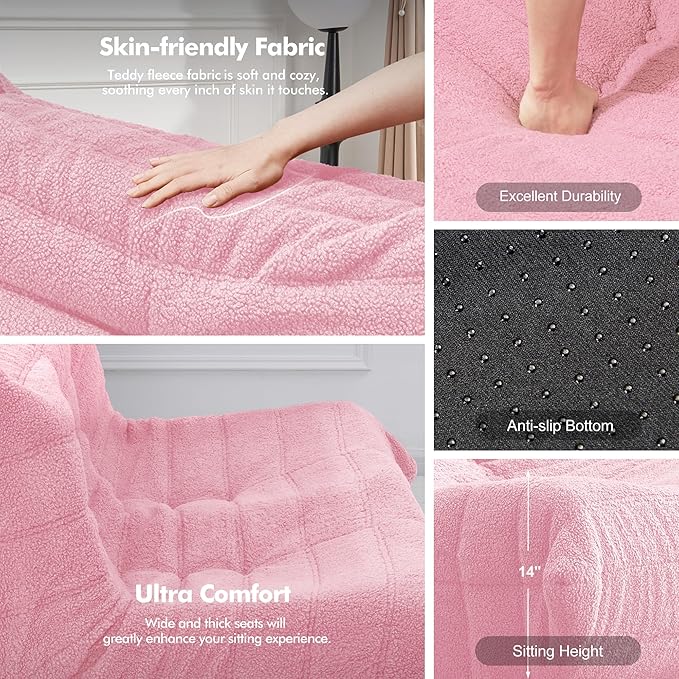 Bean Bag Loveseat Chair Big Sofa Beanbag Chair for Adults Fireside Chair Bean Bag Lounger with Memory Foam Filled for Home,Apartment or Gaming Venue（Pink Teddy）