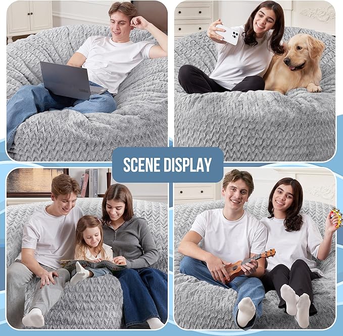 3FT Bean Bag Chair,Giant Bean Bag Chairs for Adults,Big Bean Bags with Memory Foam Filled, Large Beanbag Chairs with Chevron Plush Cover-Light Grey