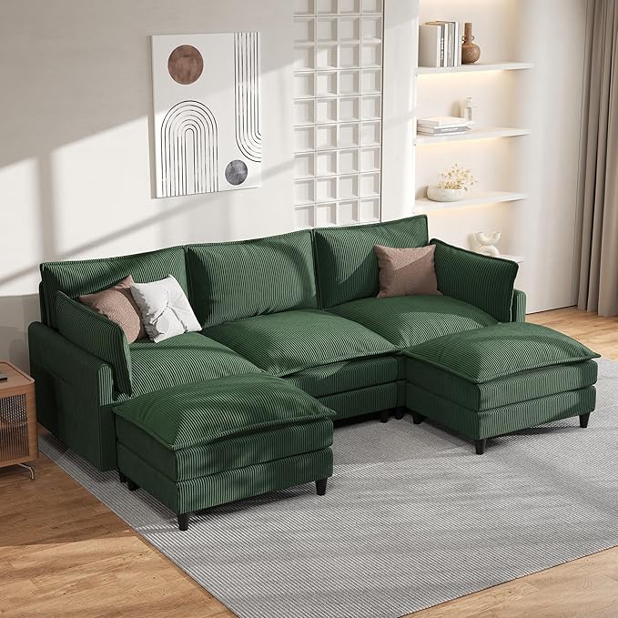 Apicizon 108" Cloud Couch Sectional, 3-Seat Deep Cloud Sofa with Ottoman, Modern U Shape Sectional Sofa Corduroy for Living Room, Apartment, Office, Green