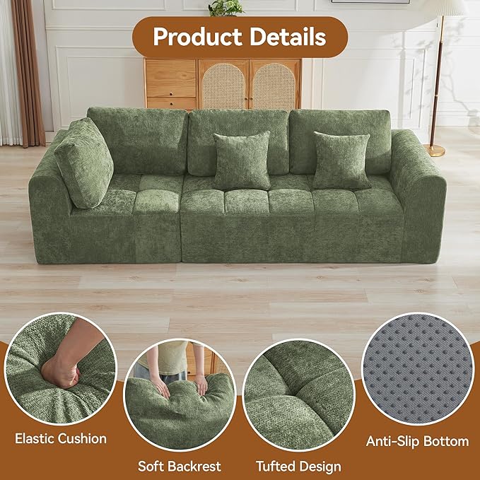 110''Modular Sectional Couches for Living Room, Cloud Boneless Compressed Sectional Sofa, Oversized 3 Seater Upholstered Memory Foam Sofa, No Assembly, Chenille Green