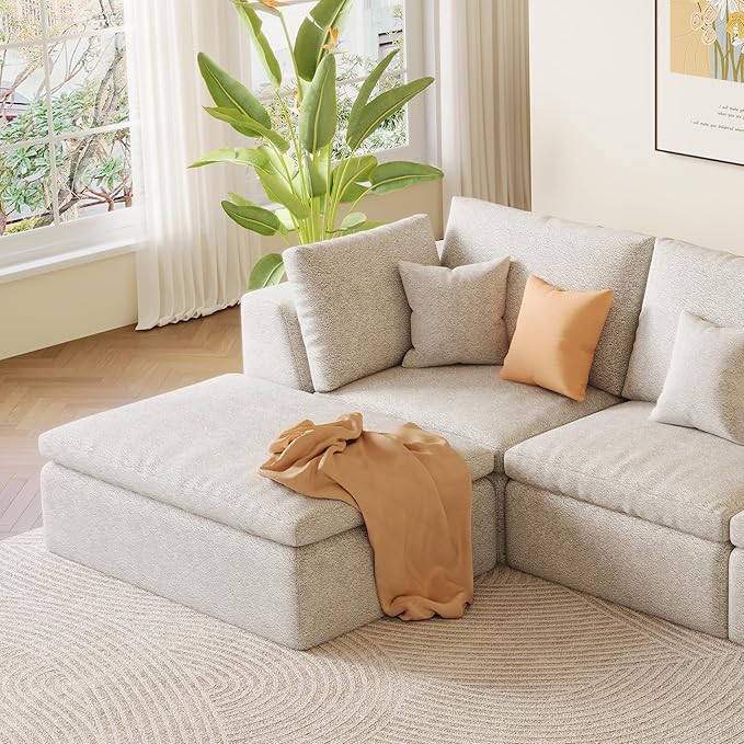 OTSLTSOO 39.4" Oversized Ottoman Foot Rest for Sectional Couch, Movable Cloud Rectangle Ottoman with Memory Foam and Soft Teddy Fleece, Modular Pouf, No Assembly Required, Non-Slip Bottom (Beige)