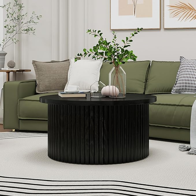 31.54" Round Coffee Table,Modern Drum Side Accent End Table for Living Room,Apartment,Black