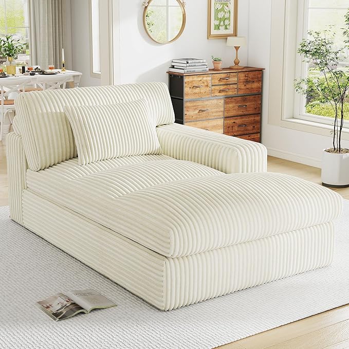 Oversized Chaise Lounge Sofa Chair Indoor，Soft Corduroy Fabric, Boneless sofawith Cushion，A Comfortable, deep-Seated Cloud Sofa for use in The Living Room.(Singler-Right-arm-White)