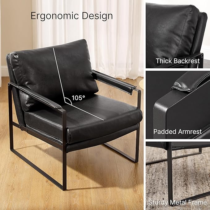 Zouron PU Leather Accent Chair for Bedroom, Living Room Chairs Modern Contemporary Upholstered Armchair with Metal Frame, for Living Room, Office, Reception Area, Set of 2, Black