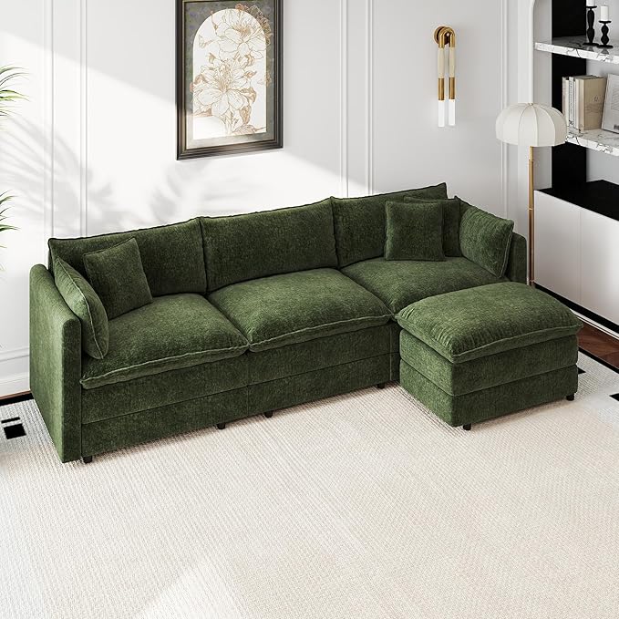 Aoowow Modular Sectional Sofa Modern Convertible L Shaped Couch,112.2 Inch Deep 3-Seater Sofas Set Comfy Chenille Cloud Sofas and Couches with Movable Ottoman for Living Room Apartment（Green）