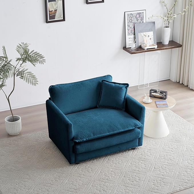 Aoowow Single Deep Seat Sofa Comfy Chenille Couch,Modern Upholstered Accent Armchair with Pillow for Living Room Bedroom Apartment(Blue)