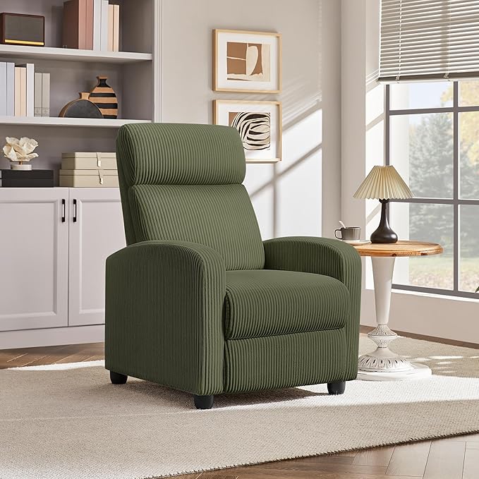 Yaheetech Corduroy Recliner Chair Single Sofa Home Theater Seating Adjustable Modern Reclining Chair for Living Room Bedroom Home Theater Dark Green