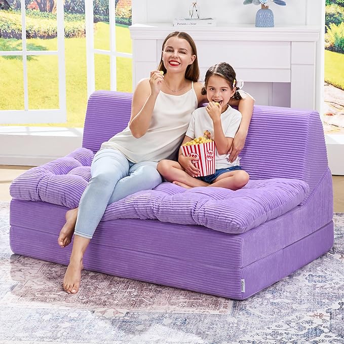 Hobestluk Sofa Couch Folding Sofa Bed Sleeper Comfy Floor Lounger Loveseat Sofa with Removable Cushion Couches Foldable Mattress for Living Room Bedroom or Office (Cordury Purple, Oversize)