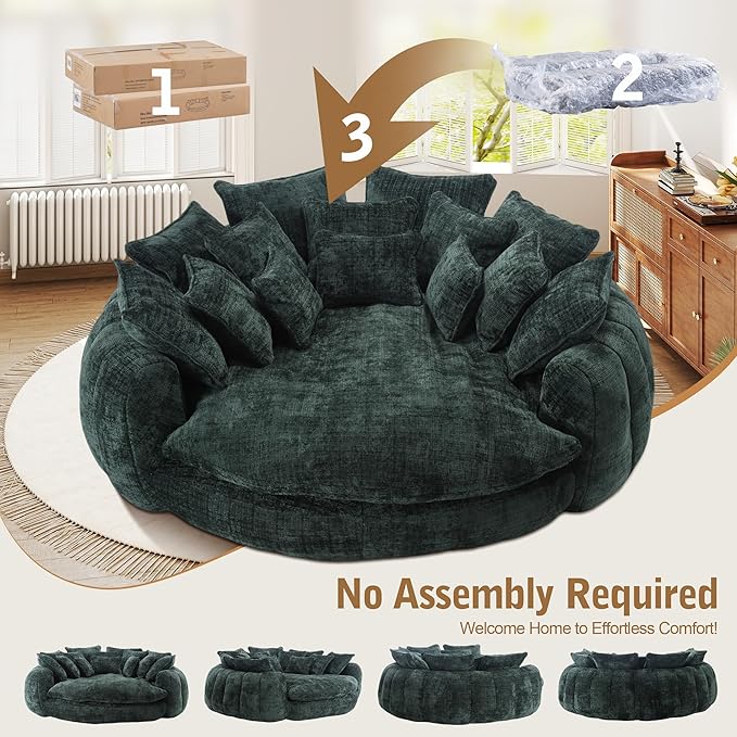 82'' Oversized Upholstered Sofa Bed, Round Chaise Lounge Chair Indoor, Modern Chenille Boneless Couch, No Assembly Required, Plush Sleeper Chair with 14 Pillows for Living Room, Emerald