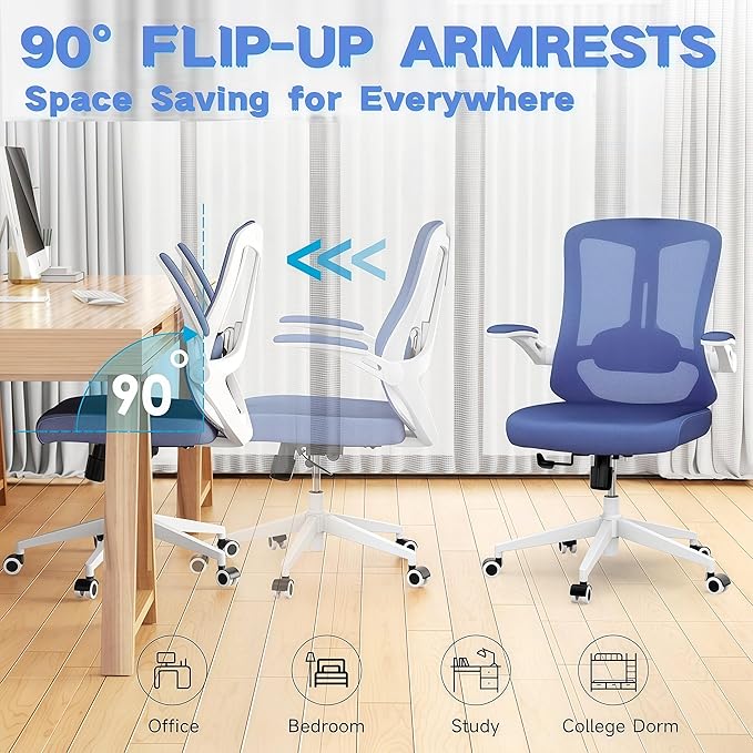 Ergonomic Office Chair - 400LB Comfy Desk Chairs with Lumbar Back Support, Mesh Computer Chairs with Wheels and Arms for Home Office, Study (Blue-Without Headrest)