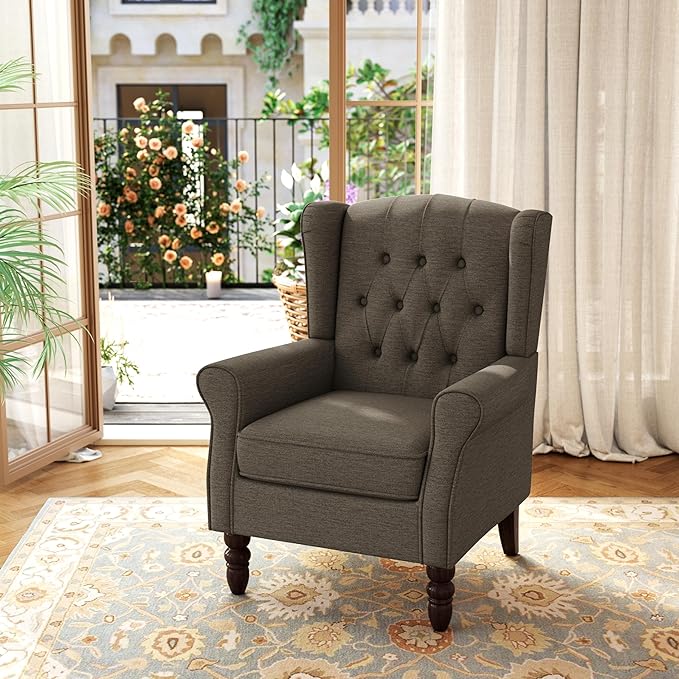 DREAMSIDEA Accent Chair, Upholstered Armchair with Button Tufted High Back & Solid Wood Legs, Comfy Wingback Reading Single Sofa Chair for Small Spaces, Living Room, Bedroom (Taupe, Set of 1)