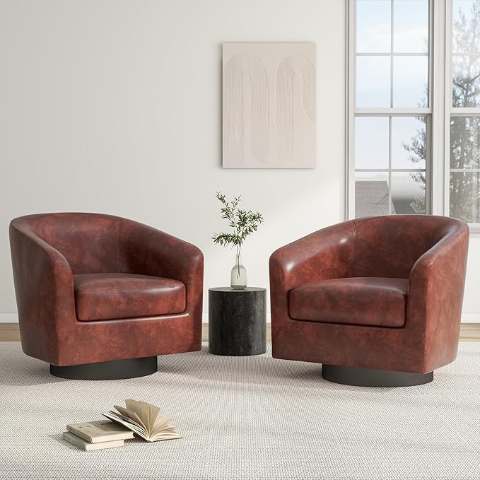 Swivel Barrel Chair, Modern Round PU Leather Accent Armchair for Living Room, Bedroom, Oversized Comfy Club Reading Chairs for Adults (Leather Red Brown, Set of 1)