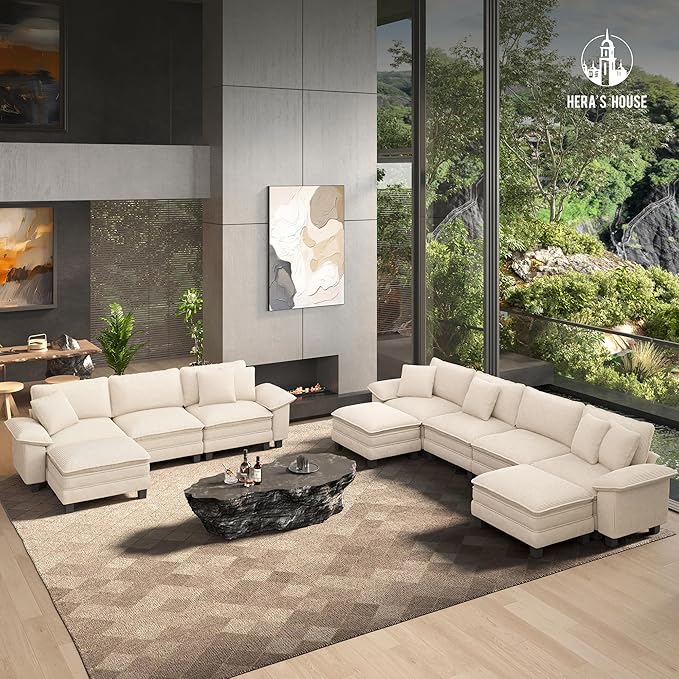 HERA'S HOUSE 158" Modular Sectional Sofa, Oversized U Shaped Couches for Living Room, Comfy Cloud Couch with Ottoman, 6-Seater Deep Seat Sofa with Throw Pillow, Chenille Beige