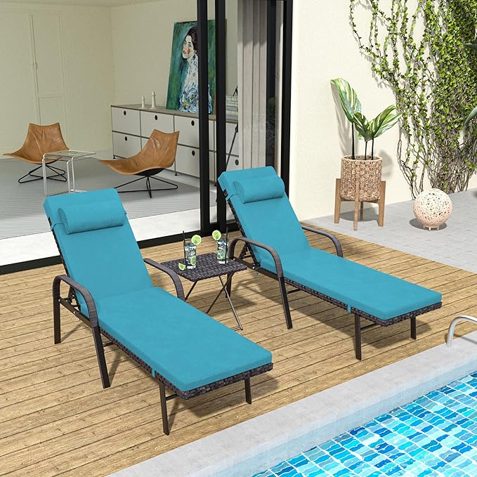 Trumbeak Patio Chaise Lounge Set 3 Pieces Pool Lounge Chairs,Cushioned Outdoor Folding Lounge Chair w/Arm and Rattan Adjustable Backrest for Poolside Porch,Folding Table Included,Turquoise Blue