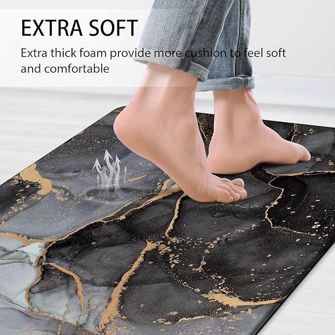 Anti Fatigue Kitchen Mat Cushioned 2 Pieces Black Kitchen Rugs Non Slip Waterproof Kitchen Floor Mats Gold Kitchen Accessories Comfort Memory Foam Kitchen Mats for Floor Laundry Room