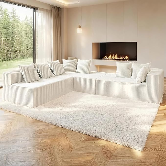 130" Boneless Couch, Cloud Couch Sectional, Corduroy Sofa for Living Room, U Shaped Modular Sofa with Chaise, No Assembly, 4 Seats Oversized (White)