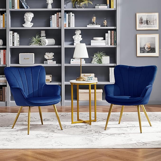 Yaheetech Velvet Accent Chair, Modern Armchair with Wing Side and Metal Legs, Cozy and Soft Padded and High Back for Living Room/Home Office/Bedroom, Set of 2, Blue