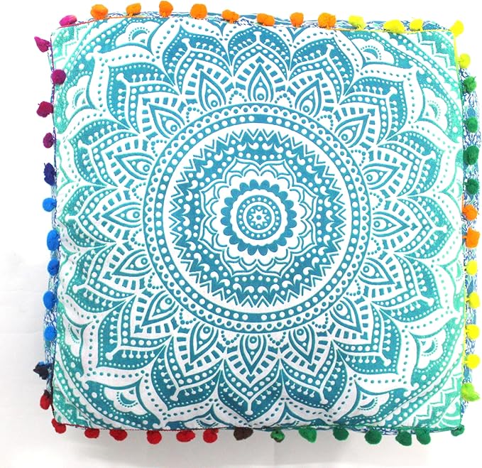 CRAFT KALA Green Ombre Large Hippie Mandala Meditation Floor Ottoman Pillow Cushion Pouf Cover Square Poufs Bohemian Circle Floor Cushion Case Outdoor Fireplace Yoga Living Room Decor Cover 24" Square