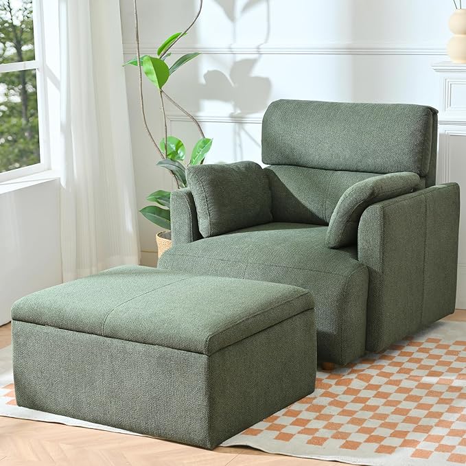 QKFF Modern Oversized Accent Chair with Storage Ottoman & Side Pillows, Snowflake Fleece Upholstered Chaise Lounge Chair, Deep Seat Reading Chair for Living Room, 350lbs Capacity