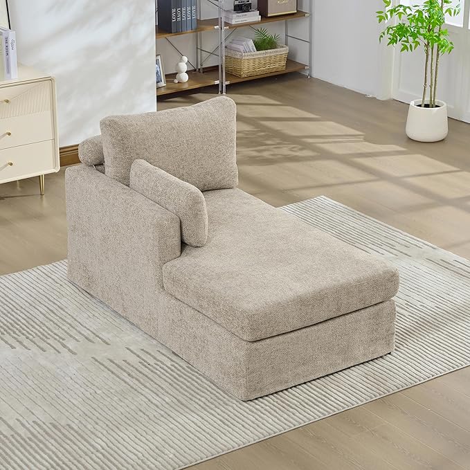 KEIKI 60" Chaise Lounge Chair Indoor, Modern Deep Seat Sofa Bed, Corduroy Couch with Cushions, Single Sleeper Chair for Living Room, Bedroom, Apartments, Taupe (Left Side)