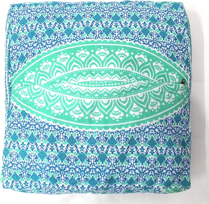CRAFT KALA Green Ombre Large Hippie Mandala Meditation Floor Ottoman Pillow Cushion Pouf Cover Square Poufs Bohemian Circle Floor Cushion Case Outdoor Fireplace Yoga Living Room Decor Cover 18" Square