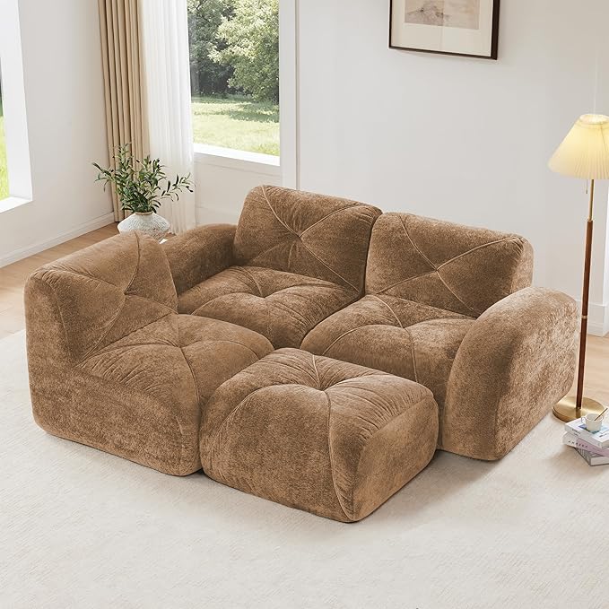 Modular Sectional Sofa with Free Combination,Boneless Floor Couch for Living Room & Lounge,Velvet 3-Seater Sectional Couch with Ottoman,No Assembly Needed