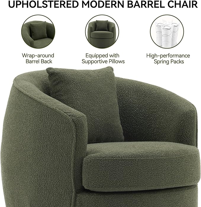 FaFaSoGoodFa Swivel Accent Chair Set of 2, Modern Upholstered Boucle Barrel Arm Chairs with Pillow for Living Room, 360 Degree Round Swivel Sherpa Armchair with Round Base for Bedroom Club (2, Green)