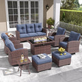 LayinSun 10 Pieces Patio Furniture Set with Swivel Chairs, Rattan Wicker Rocking Glide Chairs with 44" Propane Gas Fire Pit Table Conversation Set
