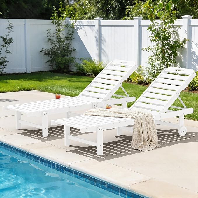 SERWALL Patio Chaise Lounge Chair Set of 2, HDPE Outdoor Lounge Chair with Cup Holder, 5 Positions Adjustable Pool Lounger with Rolling Wheels for Poolside, Deck, Sunbathing, White