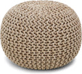 REDEARTH Round Pouf Ottoman - Hand Knitted Cable Boho Poof Home Décor Pouffe Circular Footrest for Living Room - Nursery - Bedroom - Lounge 100% Cotton (18”x18”x14”) - Beige Ivory