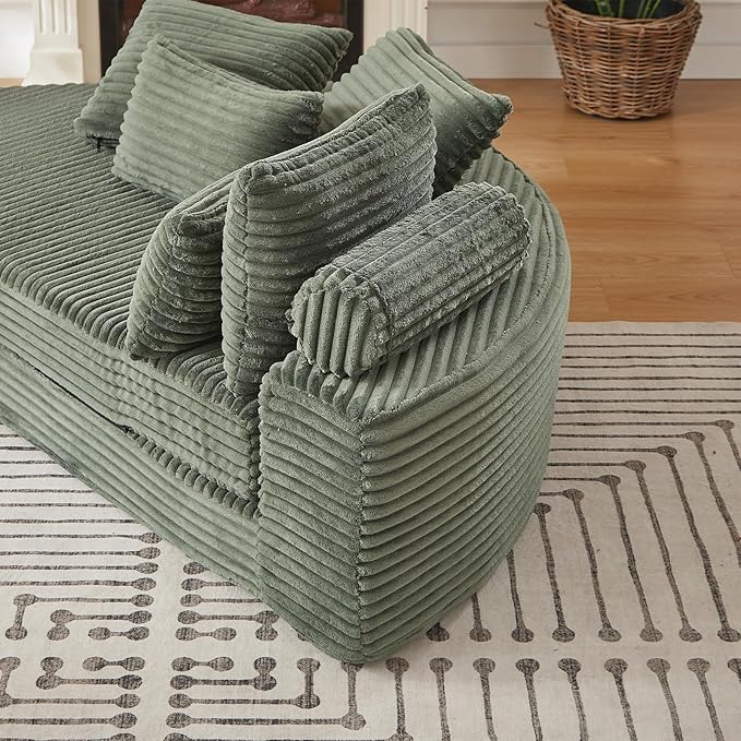 Antetek Chaise Lounge Chair Indoor, Convertible Folding Futon Sofa Bed w/ 5 Pillows, Fluffy Corduroy Boneless Compressed Memory Foam Couch for Living Room, Bedroom (Green, Left Half)