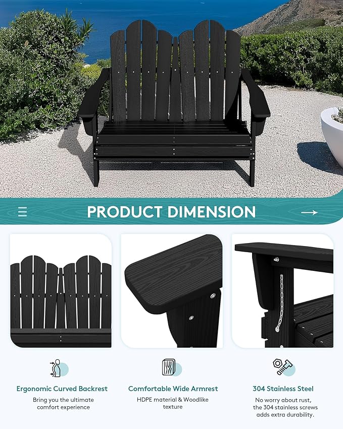 SERWALL 3 Pieces Patio Adirondack Bench Set, 2 Folding Adirondack Bench and 1 Coffee Table Set for Front Porch Garden Balcony Backyard, Black