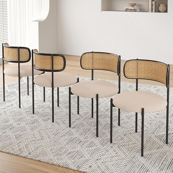 Farini Dining Chairs Set of 2,Mid-Century Modern Kitchen Chair Rattan Backrest Round Upholstered Sherpa Dining Chairs with Metal Legs,Light Brown