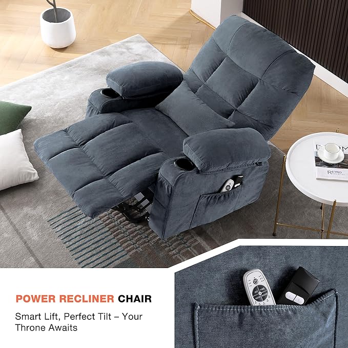 Power Lift Recliner Chair for Elderly with Vibration Massage and Lumbar Heating, Electric Lift Recliner Single Sofa with Side Pocket, Two Cup Holders and USB Charge Port for Living Room