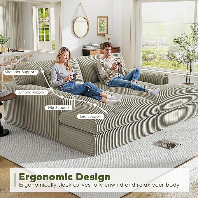 83" Oversized Chaise Lounge Sofa Chair Indoor，Soft Corduroy Fabric, Boneless sofawith Cushion，A Comfortable, deep-Seated Cloud Sofa for use in The Living Room.(2-Seater-Gray)