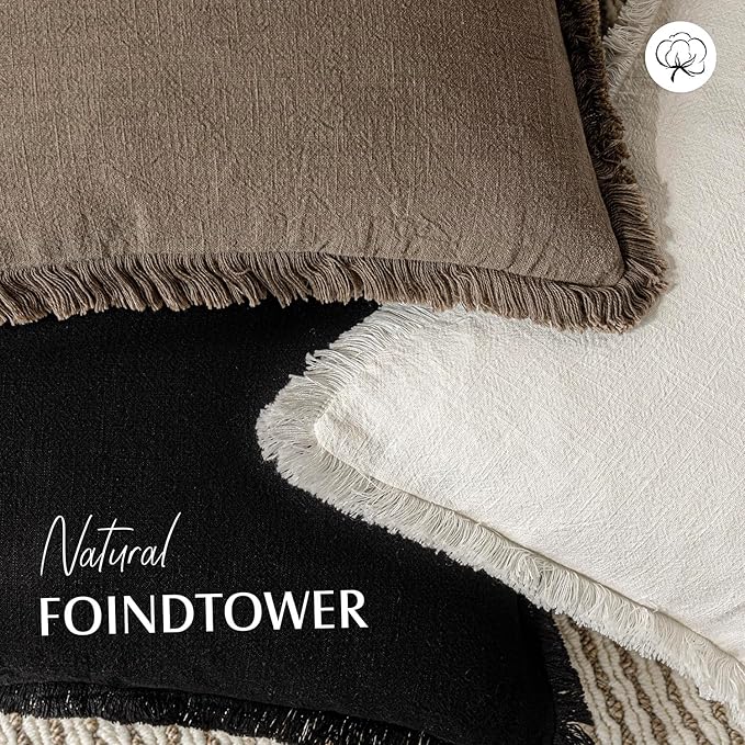 Foindtower Set of 2 Decorative Linen Fringe Throw Pillow Covers Cozy Boho Farmhouse Cushion Cover with Tassels Soft Accent Pillowcase for Couch Sofa Bed Living Room Home Decor, 26×26 Inch, Light Brown