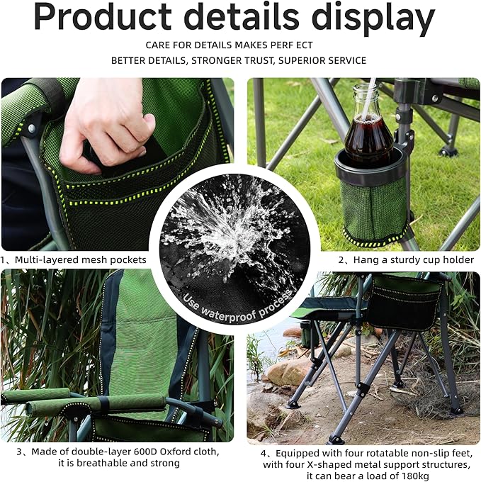 Folding Camping Chair with Cup Holder and Storage Bag, Heavy Duty Support 400 LBS, Oversized Collapsible Portable Camping Chair for Outdoor Camp, Picnic, Travel, Fishing Green