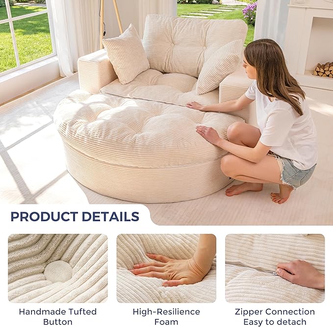 MAXYOYO L Shape Sectional Sofa Couch and Round Chaise Lounge, Modern Cloud Couch with Ottoman, Comfy Sofa with Layered Cushion, Tufted Upholstered Sleeper Chair for Living Room, No Assembly Required