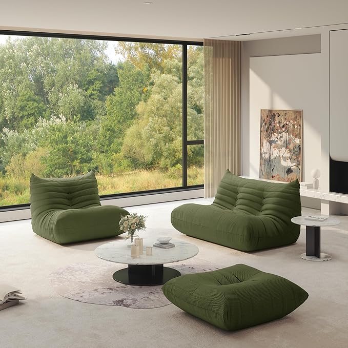 Bean Bag Chair for Adults, Fireside Chair Lazy Floor Sofa, Modern Corduroy Fabric Caterpillar Sofa Couch, Armless Foam Lounger Tatami Recliner Bean Bag Couch for Living Room Bedroom Dorm Office