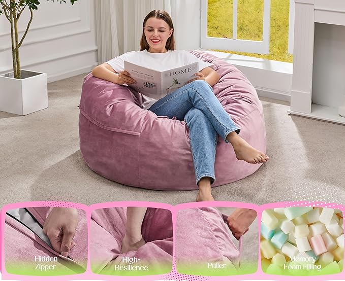 Hobestluk Giant Bean Bag Chair Bed for Adults, Large Bean Bags with High-Density Foam Filling, Convertible Big Sofa Bed Couch for Living Room, Bedroom, Playroom (Pink, Twin)