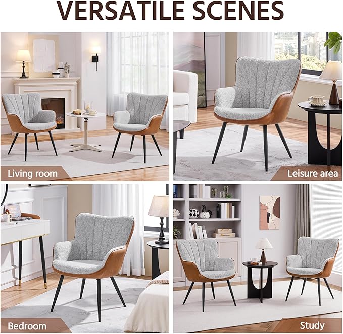 Yaheetech Accent Chair, Modern Fuzzy Boucle Fabric and Faux Leather Armchair, Upholstered Vanity Chair with High Curved Back and Metal Legs for Living Room Makeup Bedroom, Gray/Retro Brown