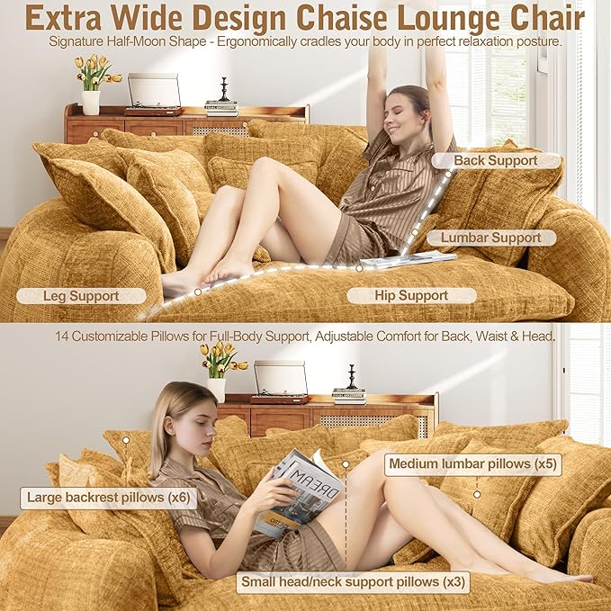 82'' Oversized Upholstered Sofa Bed, Round Chaise Lounge Chair Indoor, Modern Chenille Boneless Couch, No Assembly Required, Plush Sleeper Chair with 14 Pillows for Living Room, Yellow