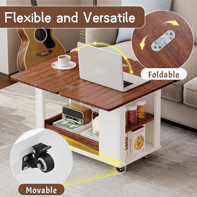 27.6" Modern Multi-Function Coffee Table with Foldable Top & Casters,Side Table with Multi-Tier Storage,White & Walnut