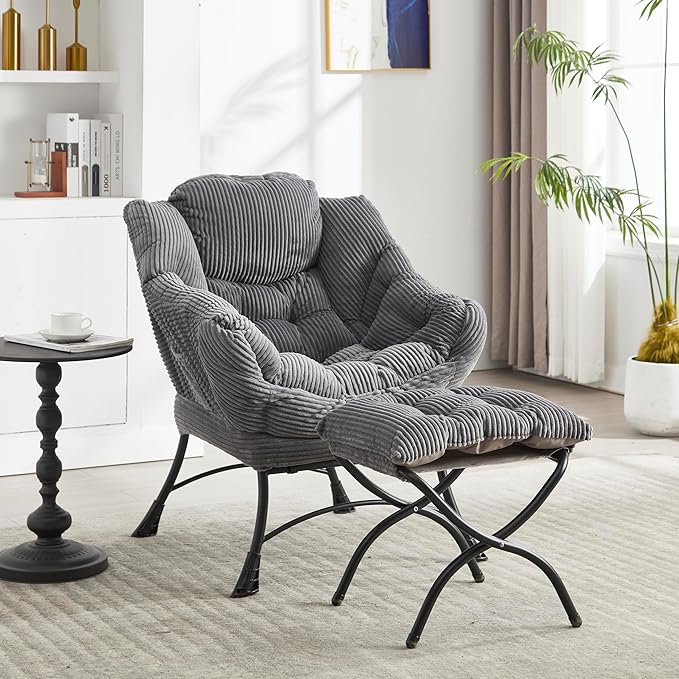 KEIKI Accent Chair with Storage & Ottoman, Flannelette Reading Corner Lazy Chairs w/Steel Frame, Comfy Lounge Arm Chair W/Footrest, Leisure Sofa Armchair for Living Room, Bedroom, Easy Assembly, Grey