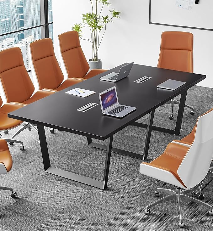 ahliss Sturdy Conference Table with Cable Management Grommets Modern Rectangle Office Meeting Table with Wood Tabletop and Metal Frame & Legs- Easy Assembly Boardroom Table (Black, 8 Foot)