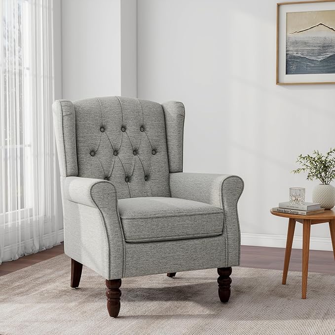 DREAMSIDEA Accent Chair, Upholstered Armchair with Button Tufted High Back & Solid Wood Legs, Comfy Wingback Reading Single Sofa Chair for Small Spaces, Living Room, Bedroom (Grey, Set of 1)