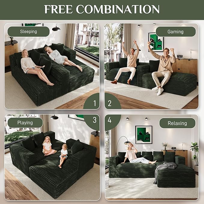 Modular Sectional Sofa, 107" L Shaped Cloud Couch Plush Corduroy Deep Seat Boneless Sofas with 5 Pillows Long Chaise Lounge Couches Memory Foam for Living Room - Green, Right Facing Chaise