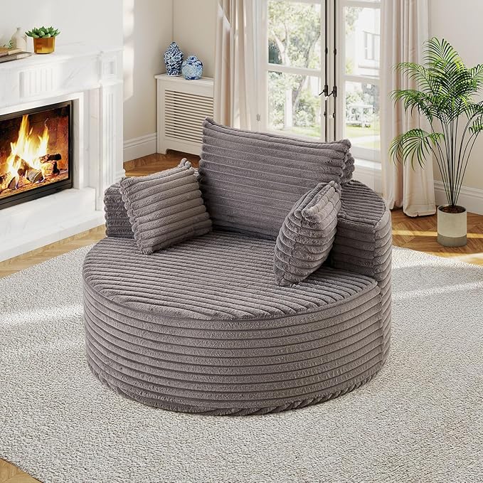 50"W Oversized Round Chaise Lounge Chair Indoor, Upholstered Corduroy Deep Seat Cloud Circle Sofa Chair, Modern Fluffy Comfy Floor Reading Armchair for Living Room, Bedroom, No Assembly Required, Grey
