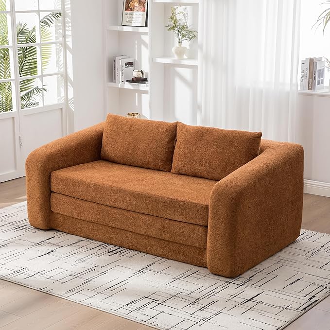 71" Foldable Sofa Bed, Chenille Loveseat with Armrest and Backrest Pillows, Convertible Boneless Couch, Modern Floor Couches for Living Room, Guestroom and Apartment